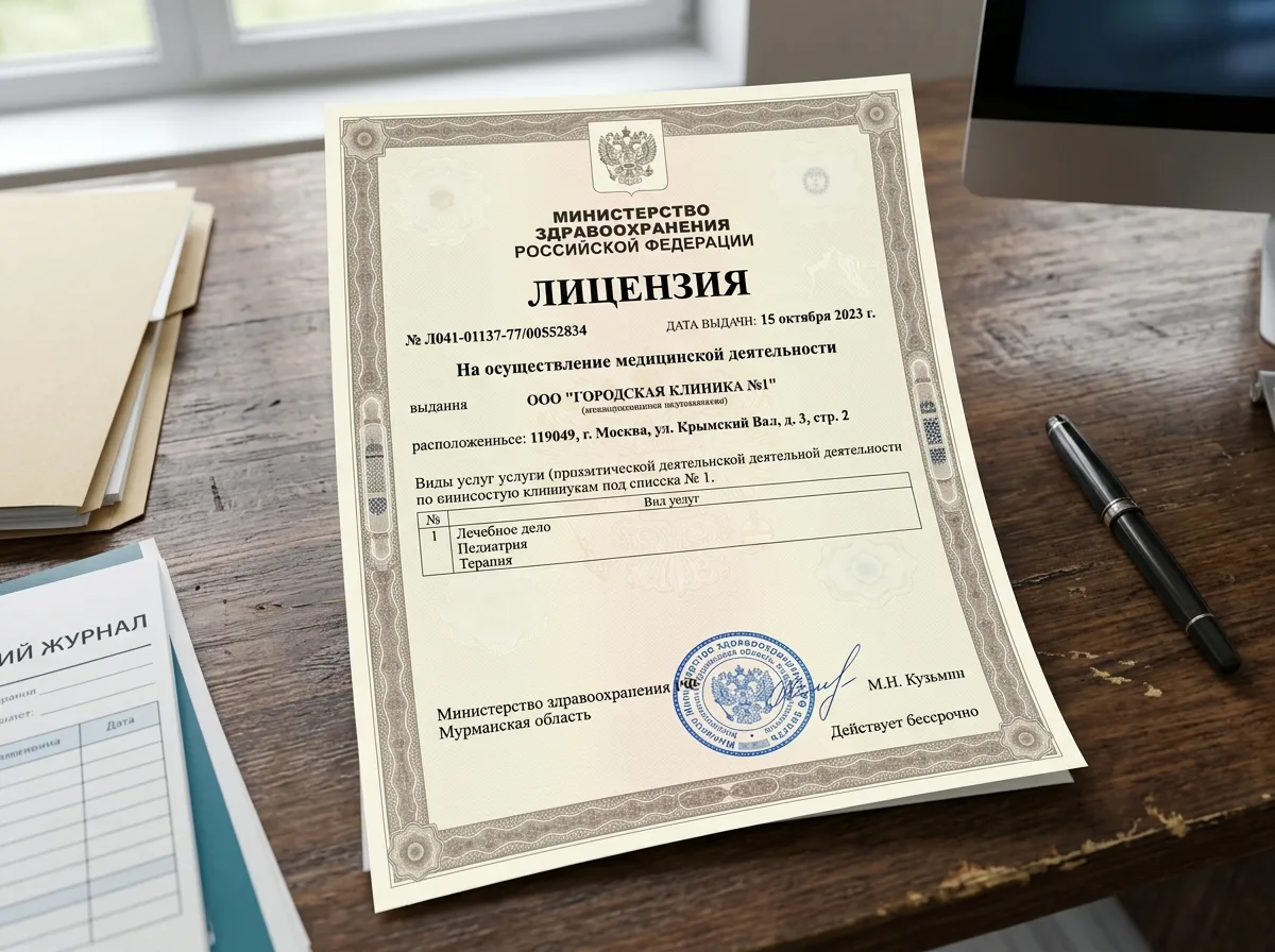 Лицензия на осуществление медицинской деятельности Министерства здравоохранения РФ, официальный бланк с печатью