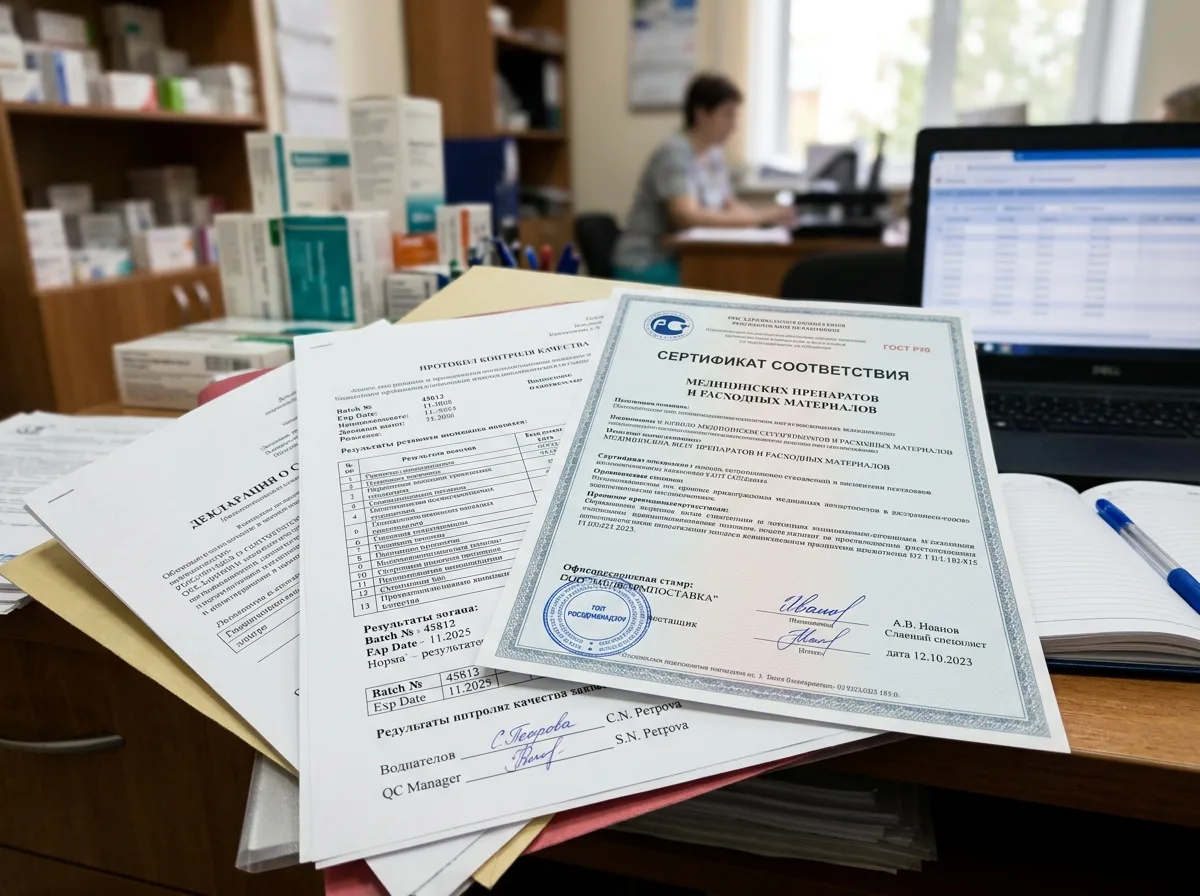Сертификаты соответствия медицинских препаратов и расходных материалов от официальных поставщиков, документы контроля качества